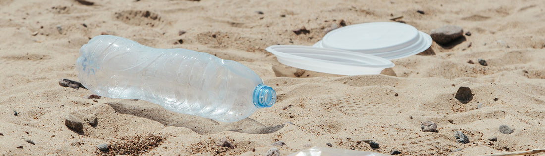 Single Use Plastics on the Beach Plastic Pollution Concept