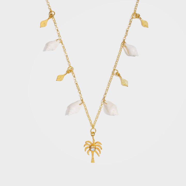Palm Tree Charm Necklace with Moonstone & Shells in Gold - Palma | By Lunar James