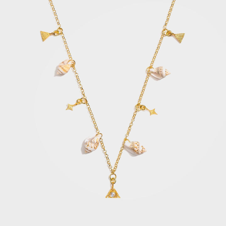 Gold Moonstone Charm Necklace with Tiger Concha Shells - Terra | By Lunar James