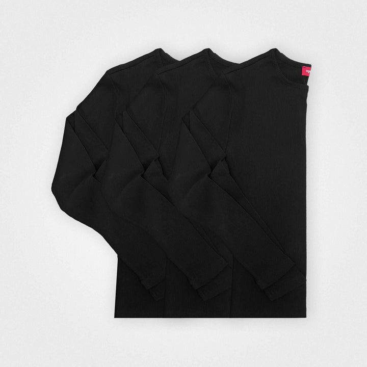 3er-Pack | Gerippte Damen-Langarmshirts, recycelte Baumwolle, Schwarz