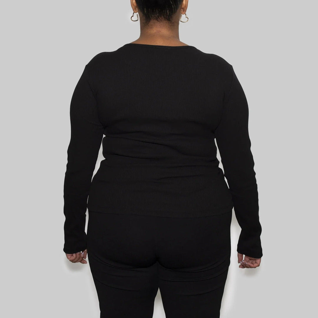 3er-Pack | Gerippte Damen-Langarmshirts, recycelte Baumwolle, Schwarz