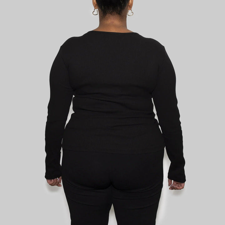 3er-Pack | Gerippte Damen-Langarmshirts, recycelte Baumwolle, Schwarz