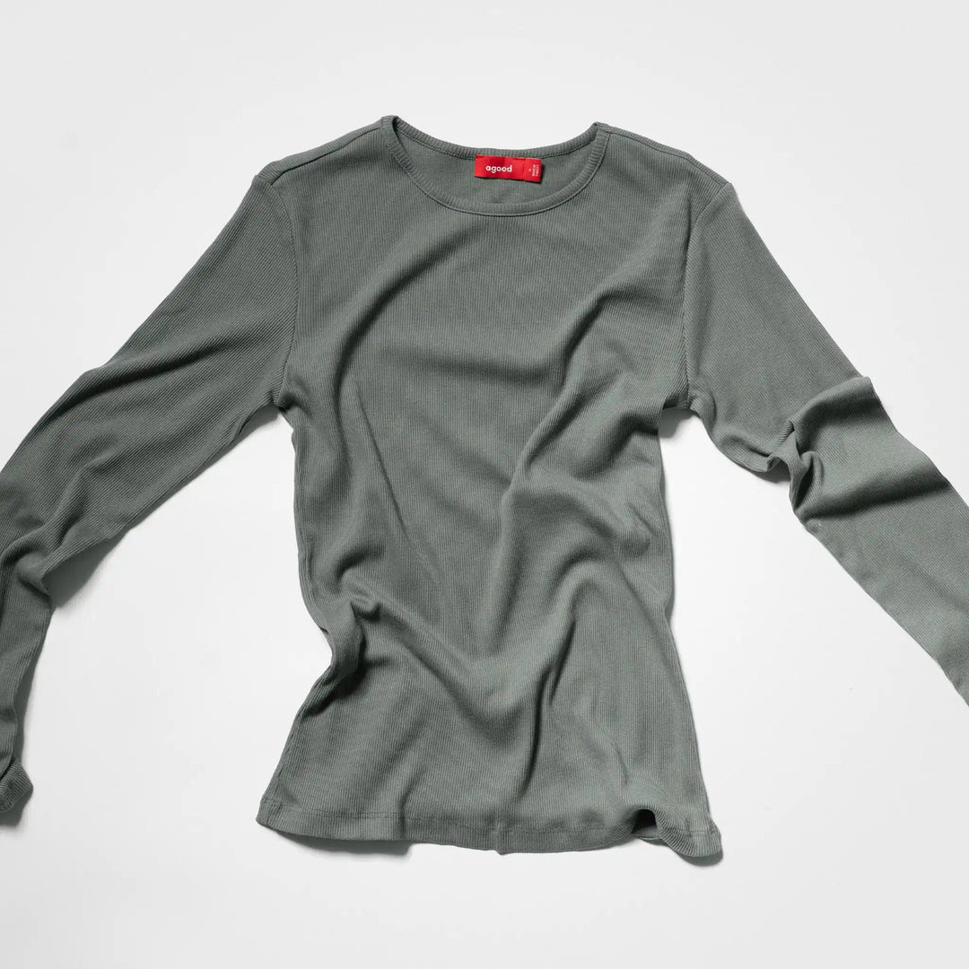 Långärmad topp i återvunnen bomull för kvinnor, Sage